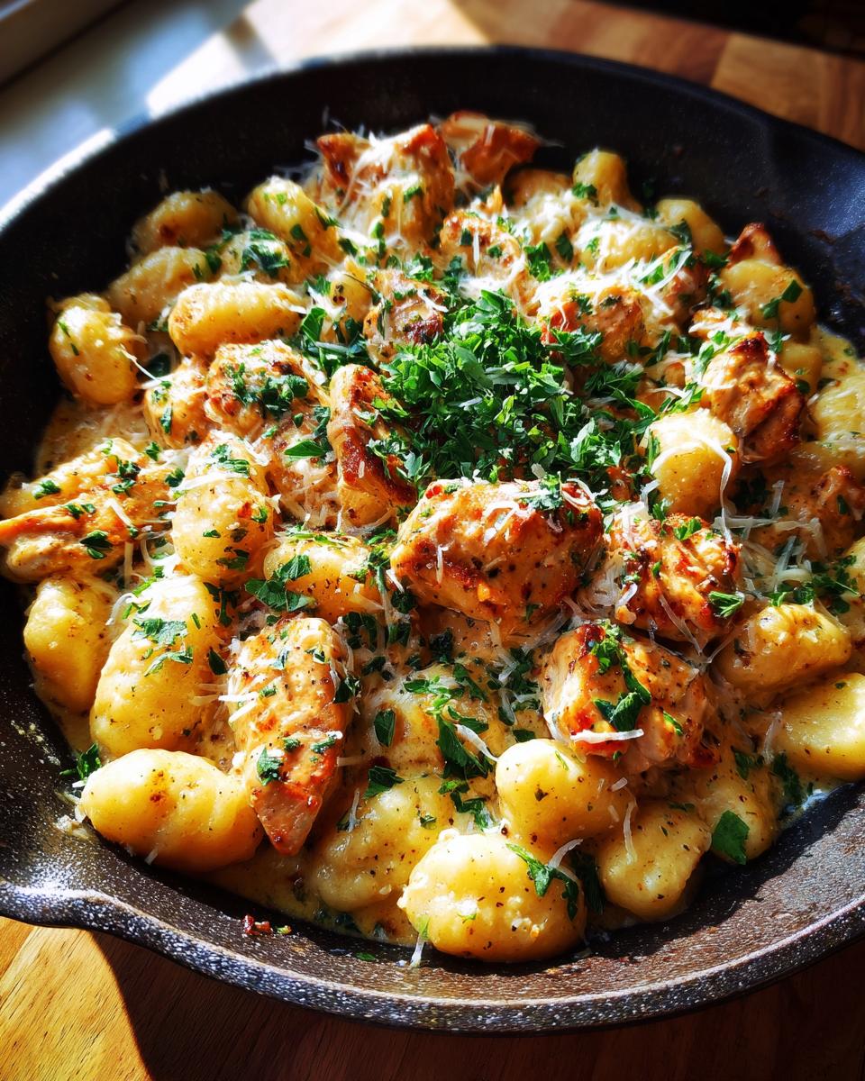 Skillet with creamy chicken gnocchi skillet dinner topped with herbs and grated cheese