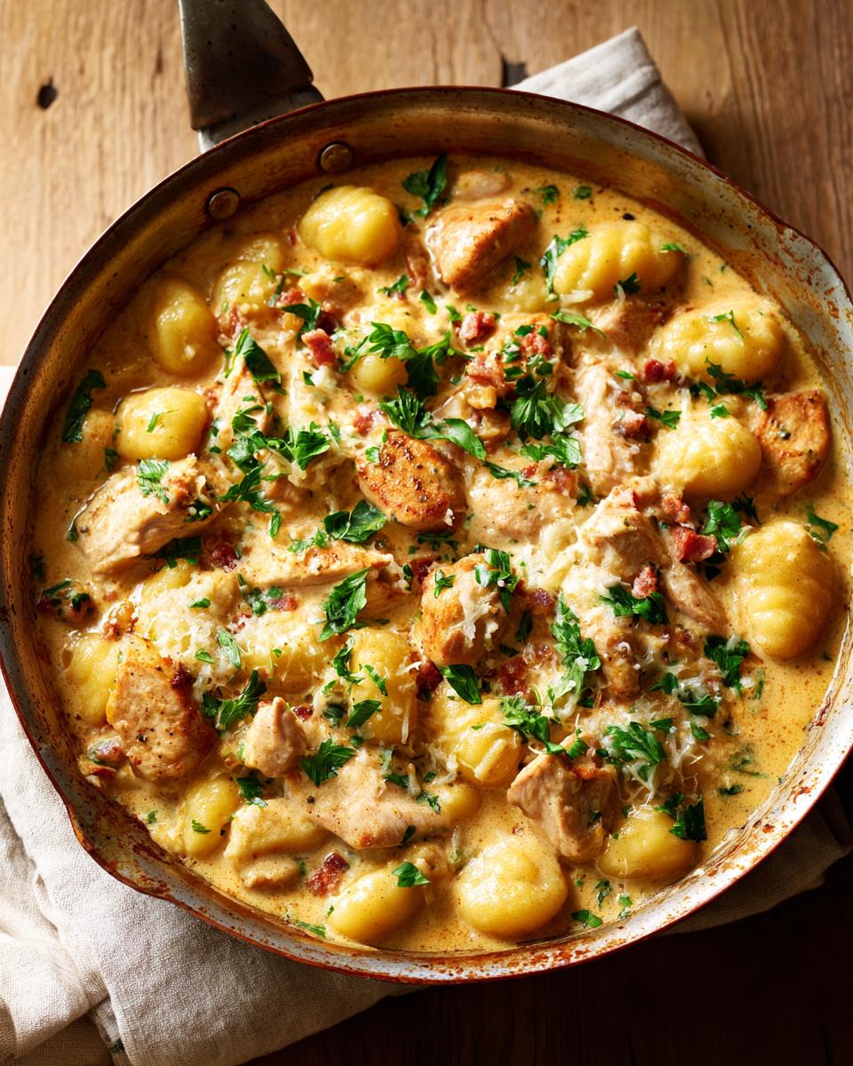 Skillet filled with creamy chicken gnocchi skillet dinner garnished with fresh parsley