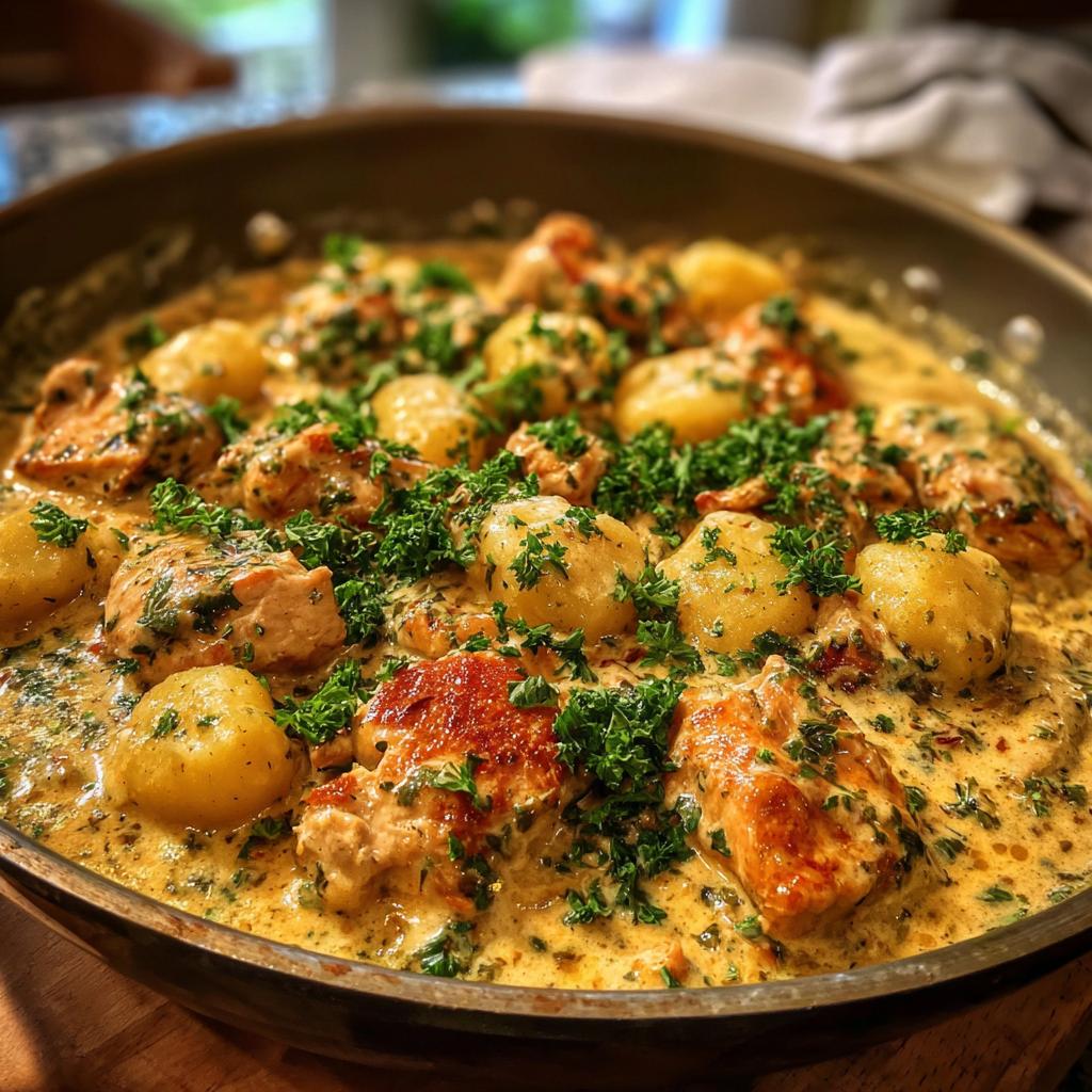 Skillet with creamy chicken gnocchi skillet dinner garnished with fresh parsley