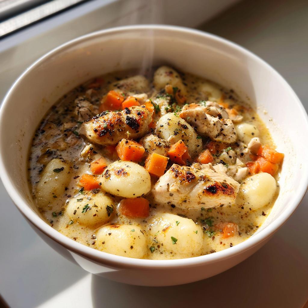 Bowl of creamy chicken gnocchi soup copycat with browned chicken, carrots, and herbs.