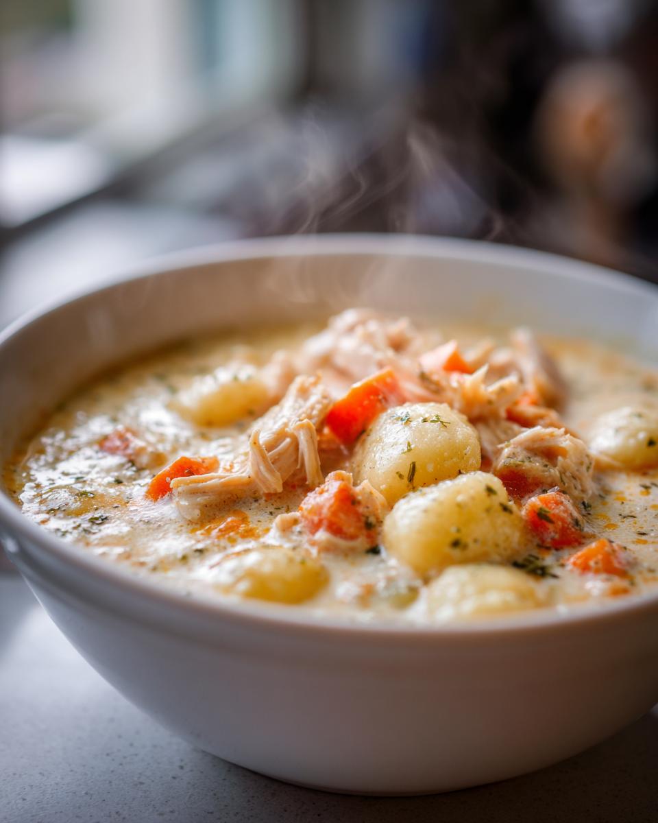 Close-up of steaming creamy chicken gnocchi soup copycat with shredded chicken and vegetables
