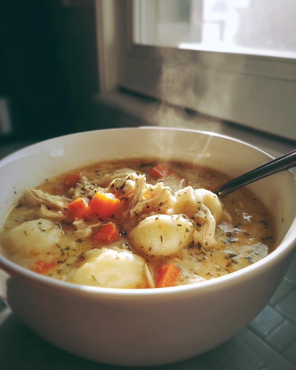 Steaming bowl of creamy chicken gnocchi soup copycat with chicken, carrots, and herbs