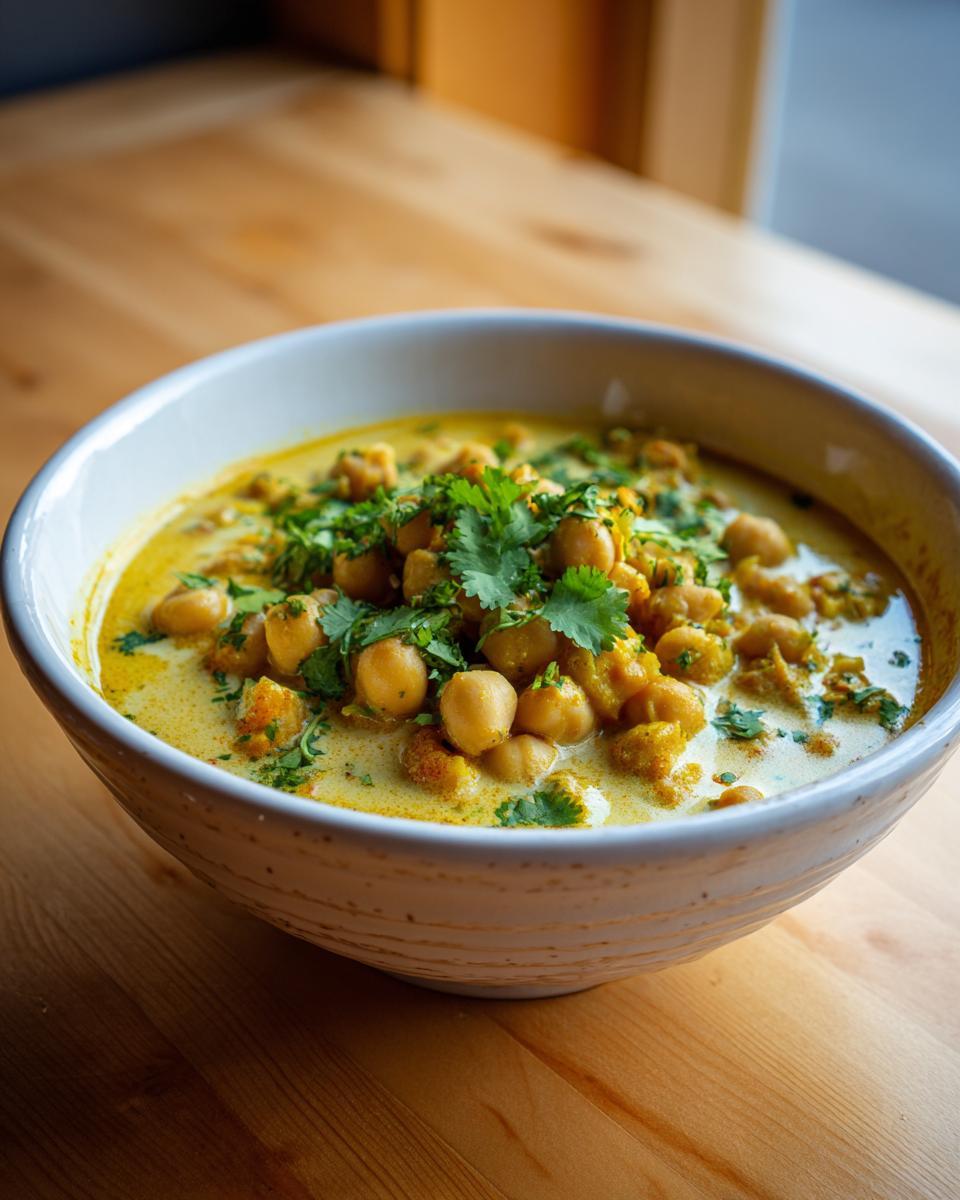 White bowl filled with chickpea coconut curry garnished with fresh cilantro on a wooden table.