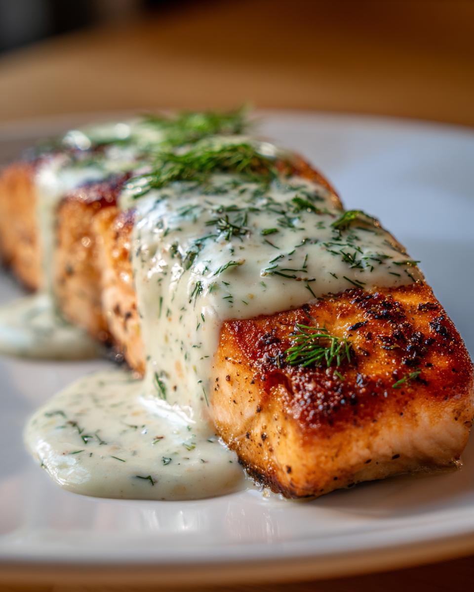 Pan-seared creamy dill salmon topped with dill sauce on a white plate
