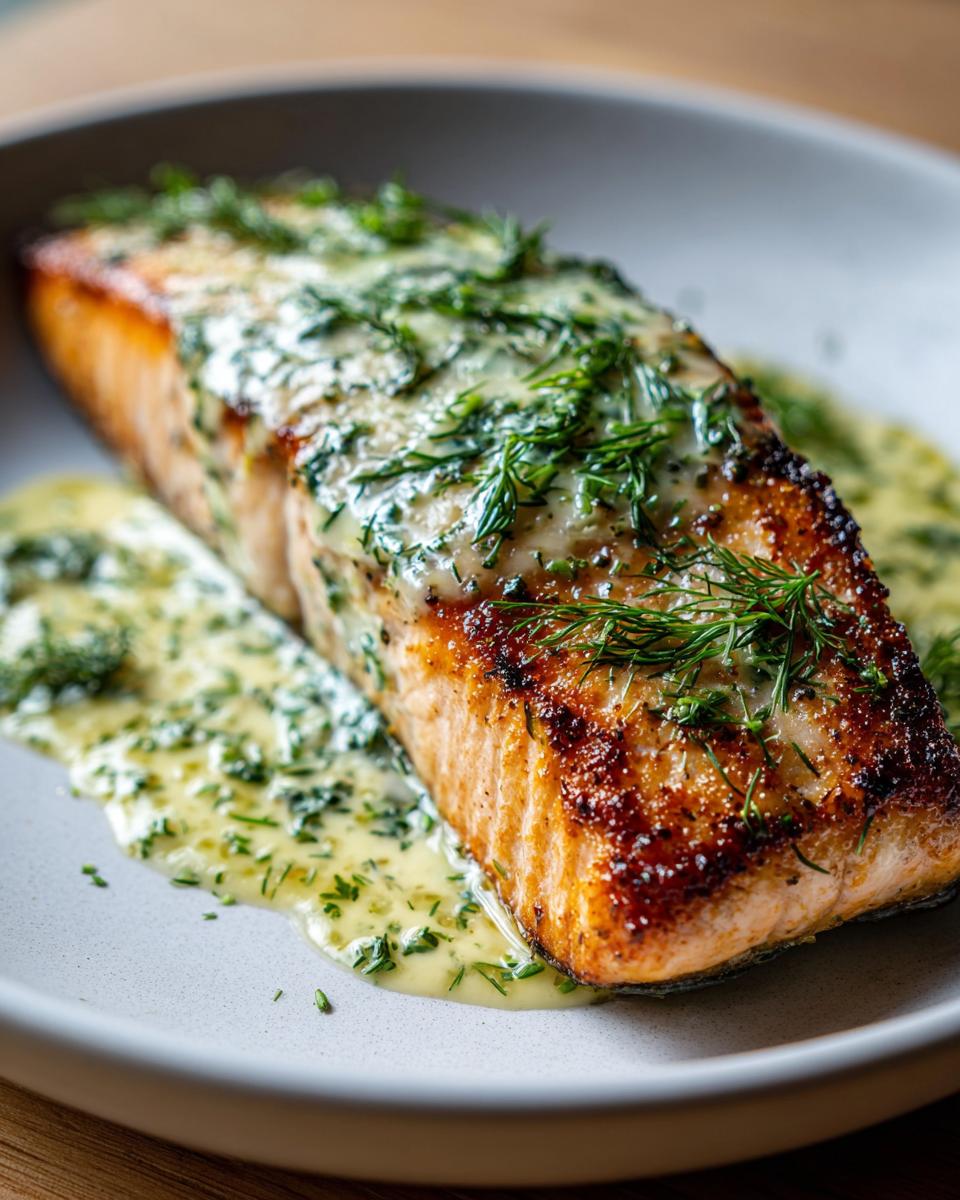 Seared creamy dill salmon fillet topped with fresh dill on a gray plate