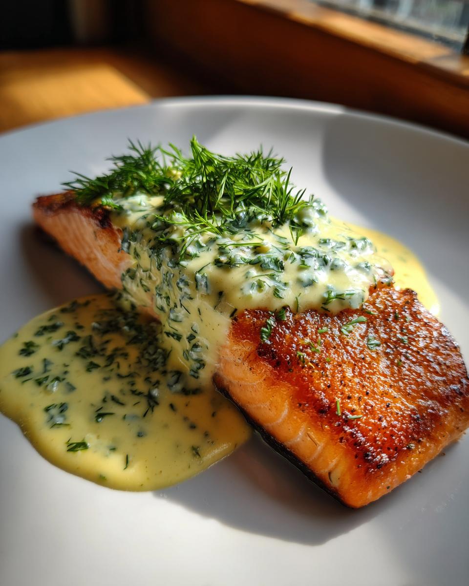 Close-up of pan-seared creamy dill salmon garnished with fresh dill on a white plate.