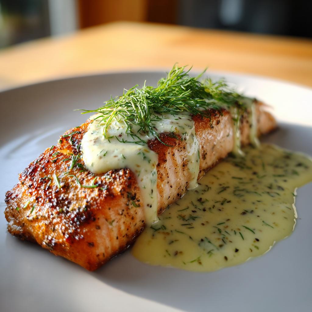 Pan-seared creamy dill salmon topped with fresh dill and creamy dill sauce on a plate