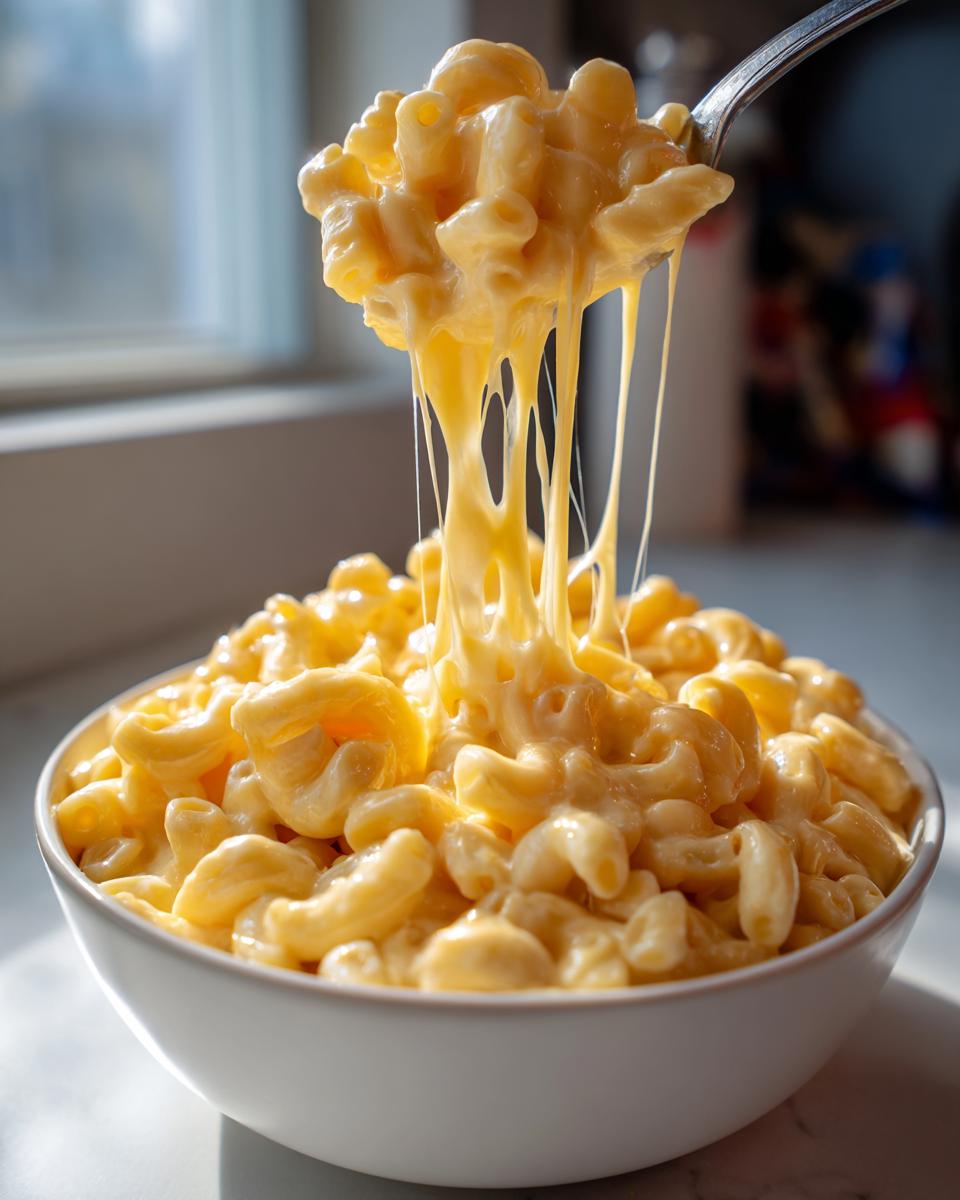 A spoon lifting cheesy, creamy easy stovetop macaroni and cheese from a white bowl