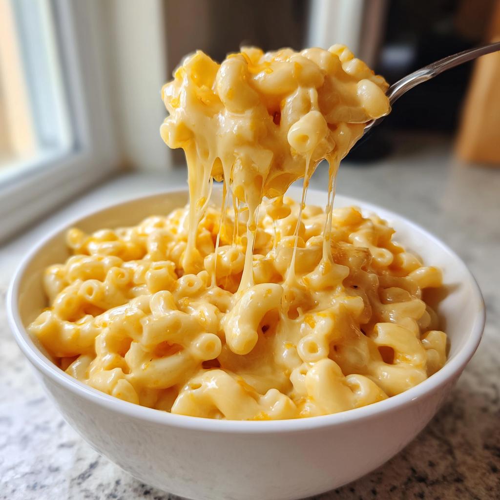 A bowl of creamy easy stovetop macaroni and cheese with melted cheese stretching from a fork.