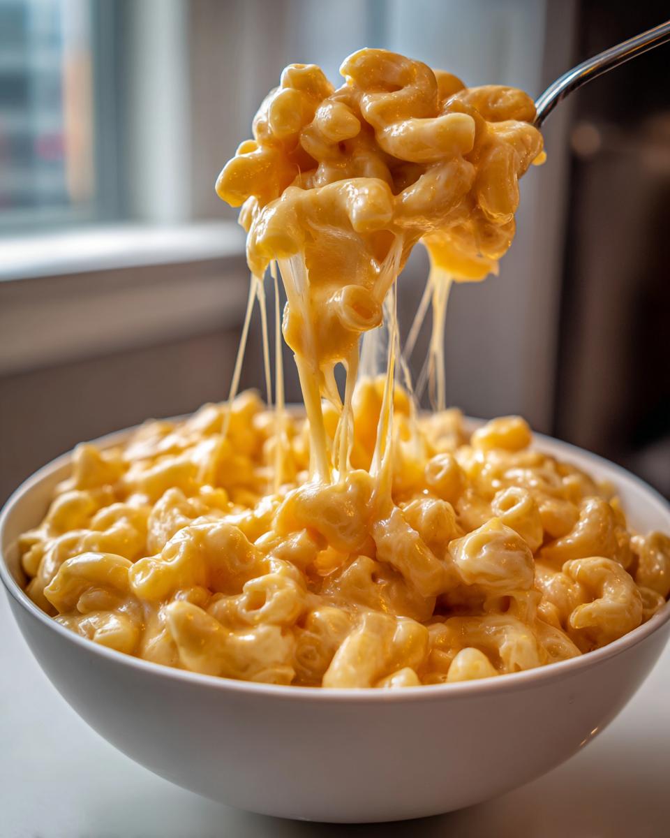Close-up of easy stovetop macaroni and cheese with melted cheese stretching from spoon