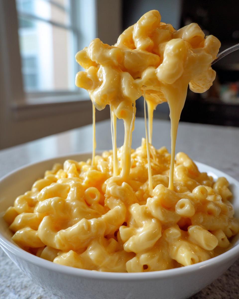 Close-up of creamy easy stovetop macaroni and cheese with melted cheese stretching off a fork
