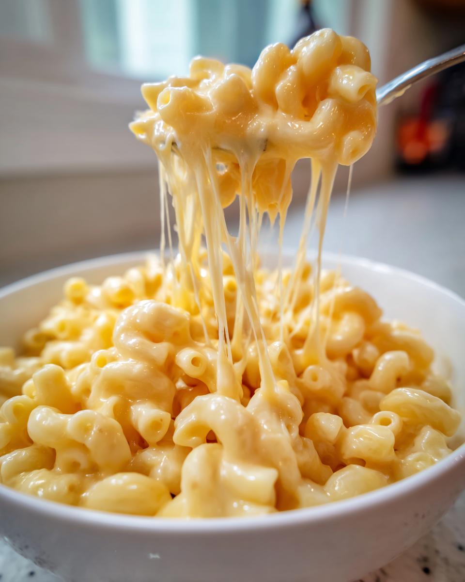 Close-up of a fork lifting creamy easy stovetop macaroni and cheese with melted cheese strings.