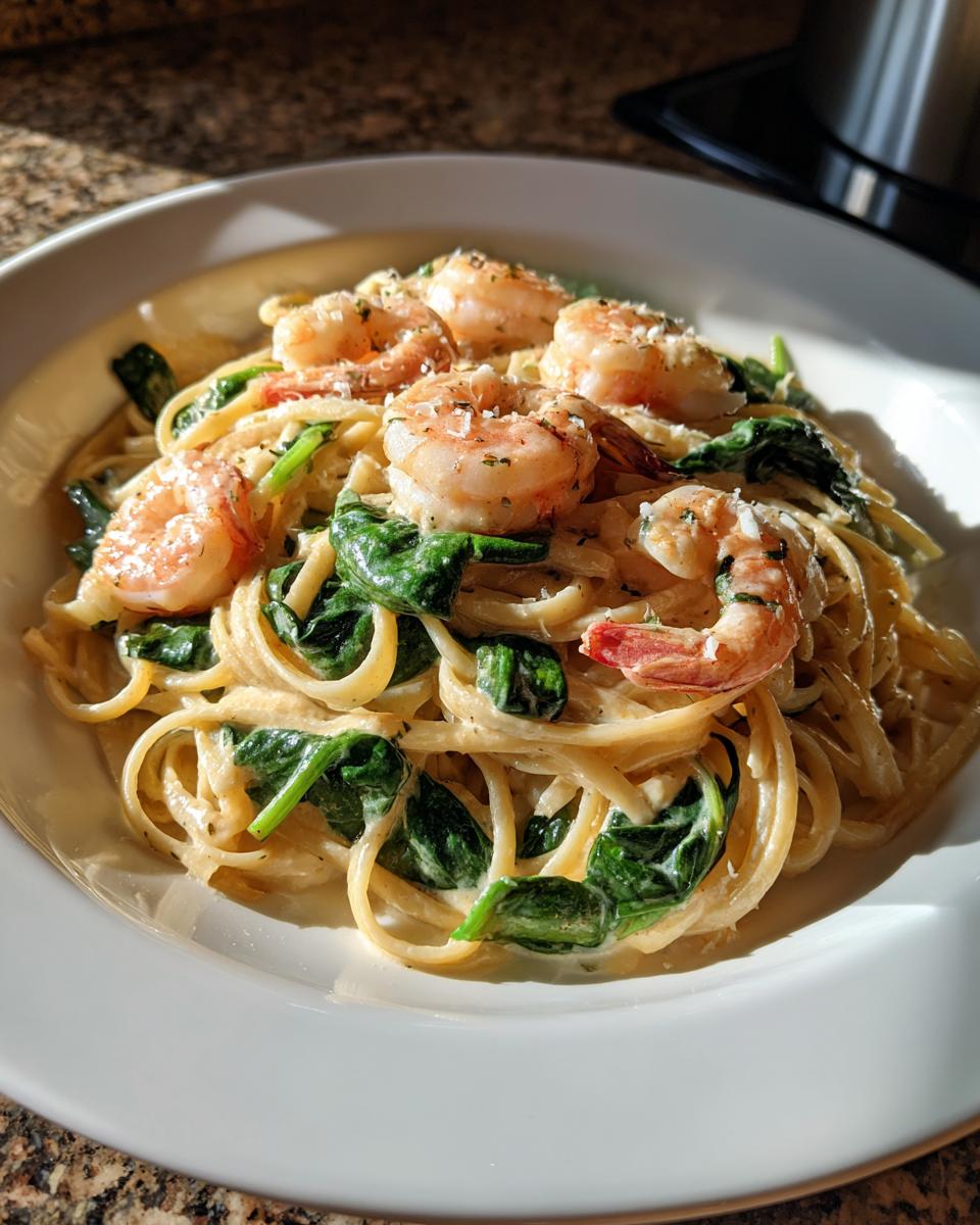 Plate of creamy garlic shrimp and spinach linguine with shrimp on top and fresh spinach mixed in.
