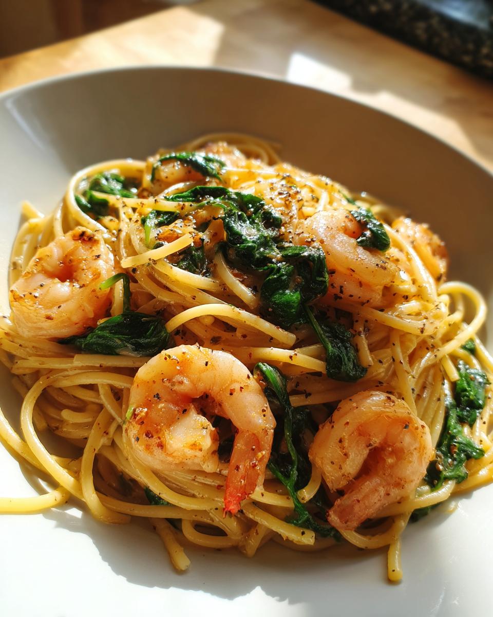 Plate of creamy garlic shrimp and spinach linguine with seasoned shrimp and spinach leaves