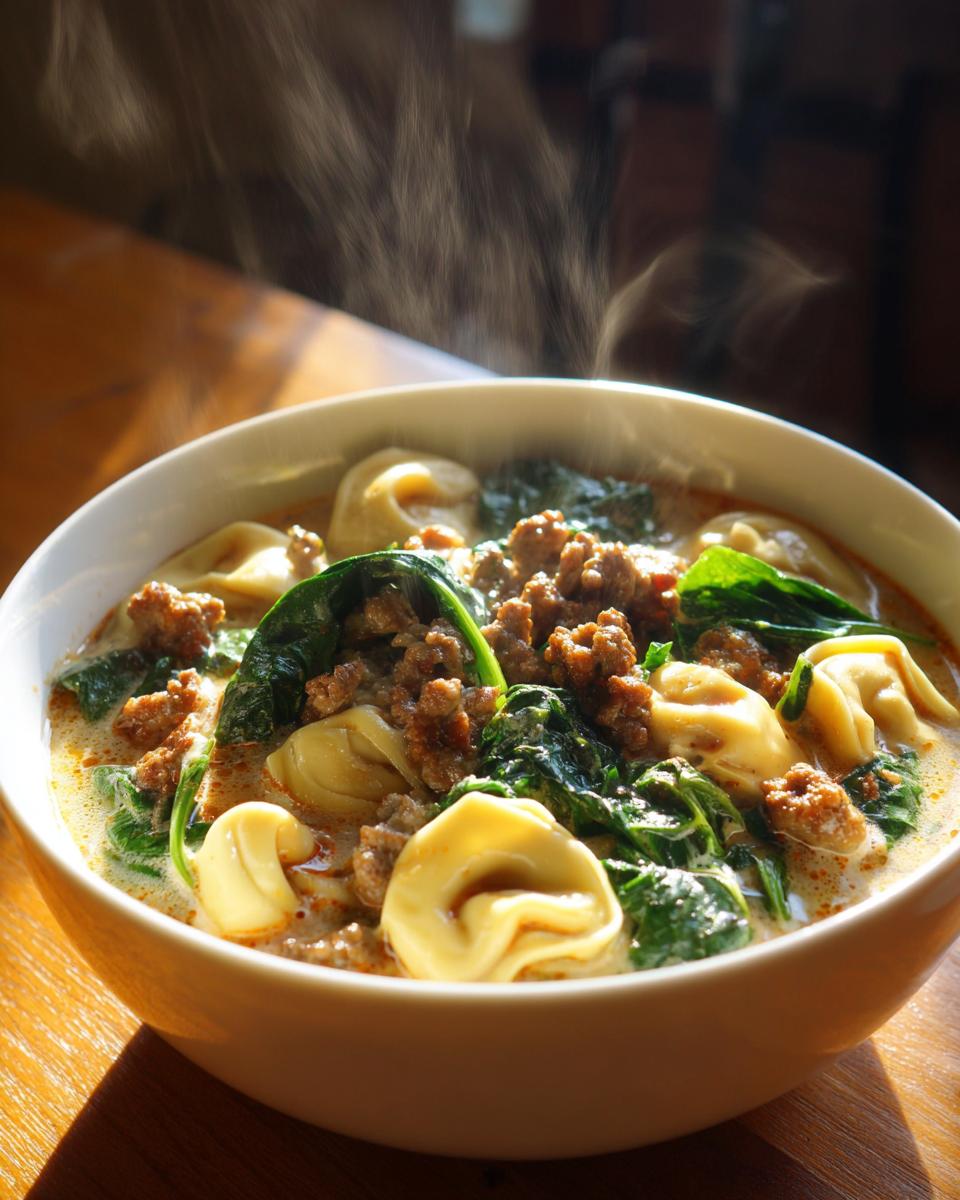 A steaming bowl of creamy italian sausage tortellini soup with sausage, tortellini, and spinach.