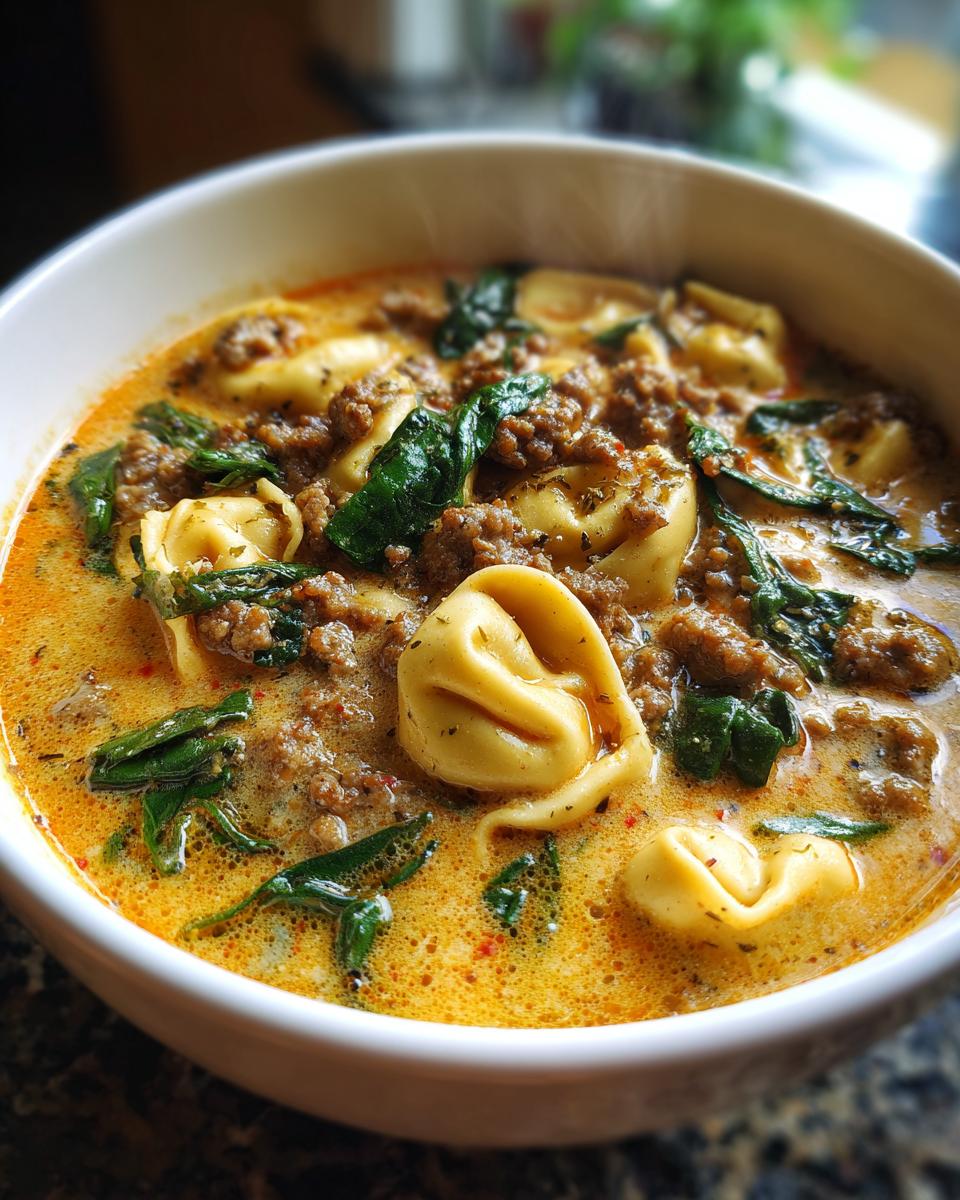 Creamy italian sausage tortellini soup in a white bowl with sausage, spinach, and tortellini pasta
