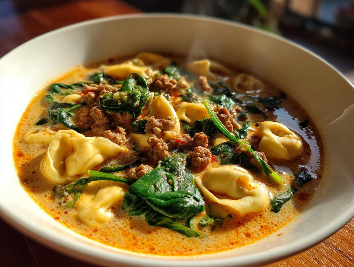 Creamy italian sausage tortellini soup with spinach and sausage in a white bowl