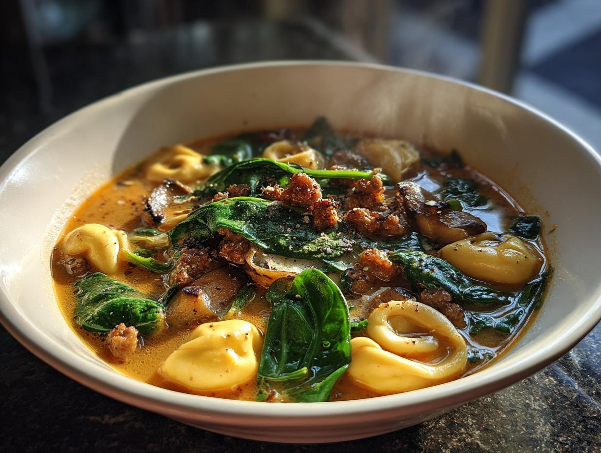 Bowl of creamy italian sausage tortellini soup with spinach and sausage pieces