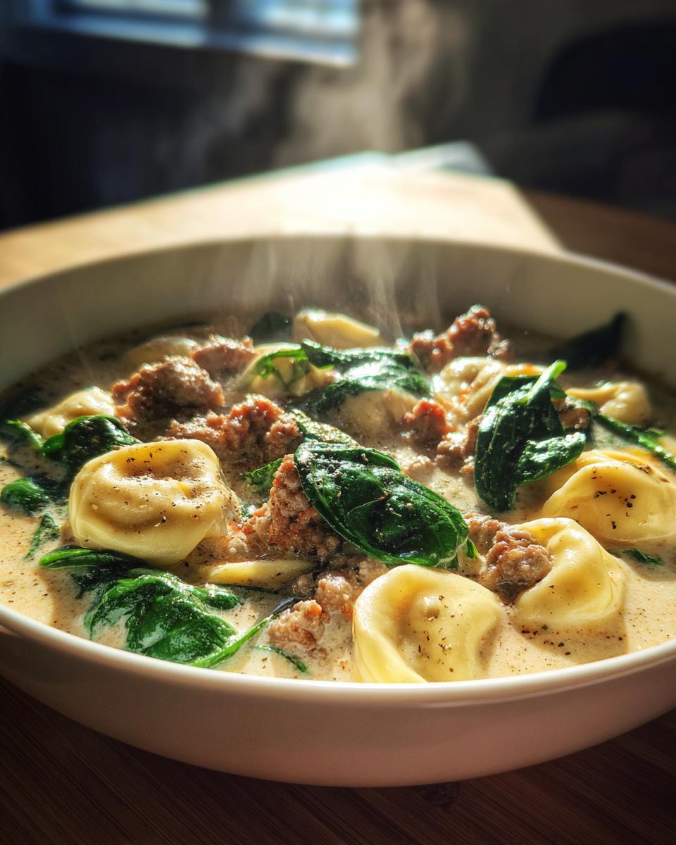 Bowl of creamy italian sausage tortellini soup with sausage, spinach, and tortellini in broth.