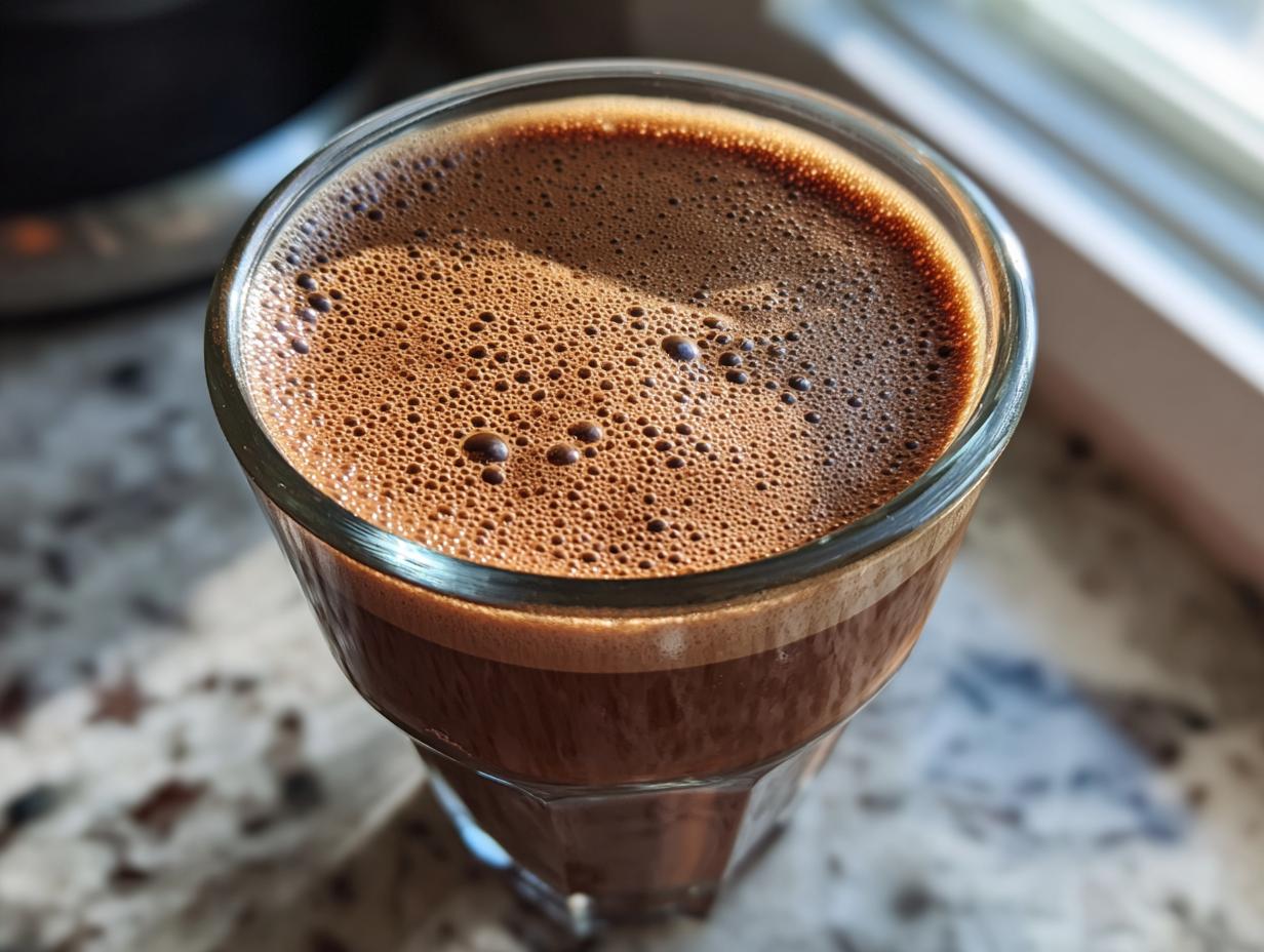 Close-up of a creamy mocha coffee smoothie with frothy top in a clear glass.