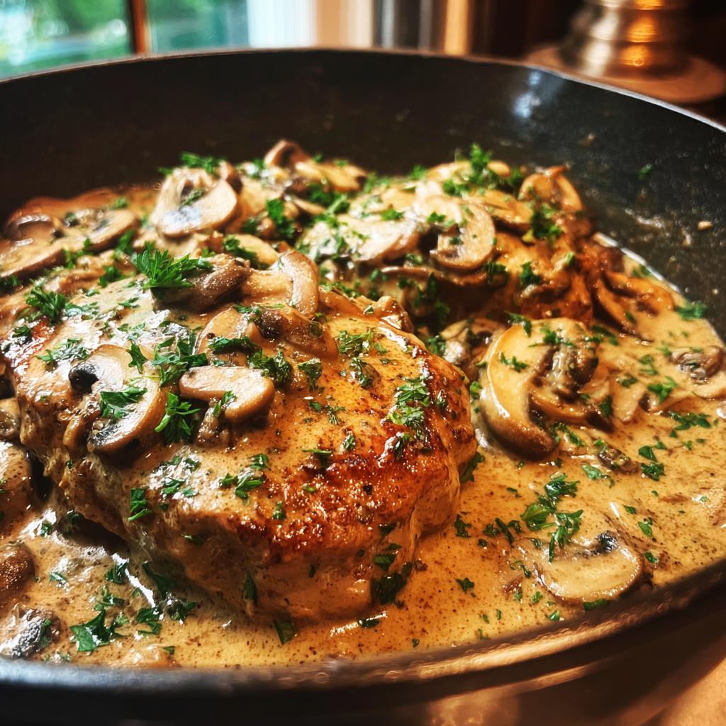 Close-up of creamy mushroom pork chop skillet with sauce and parsley garnish in a black pan.