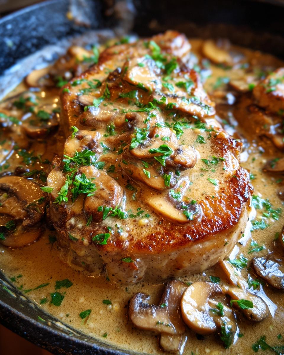 Close-up of creamy mushroom pork chop skillet with mushrooms and parsley in sauce.