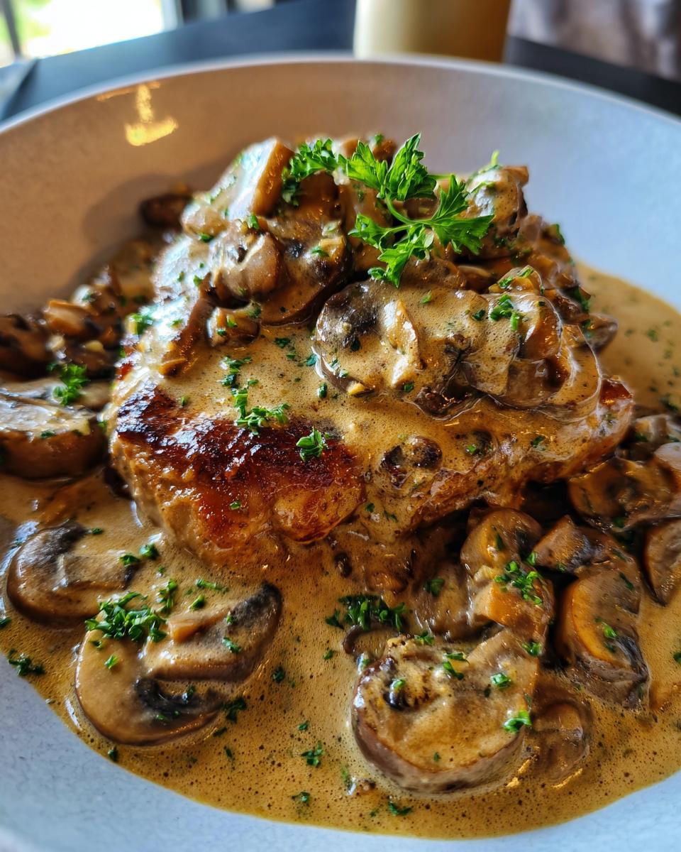 Creamy mushroom pork chop skillet with sauce and fresh herbs on top in a white bowl.