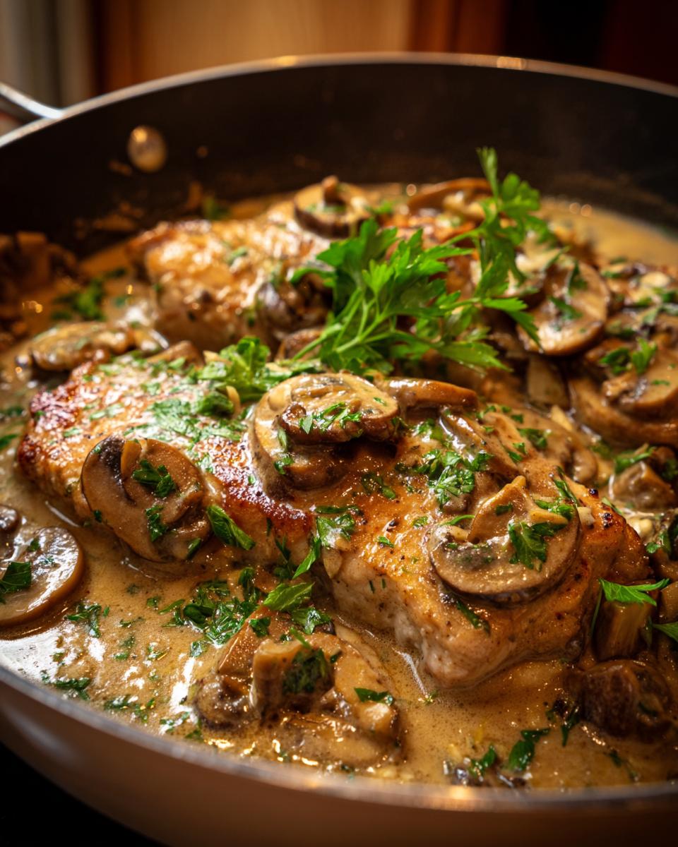 Creamy mushroom pork chop skillet with browned pork chops, mushrooms, and fresh parsley in sauce.