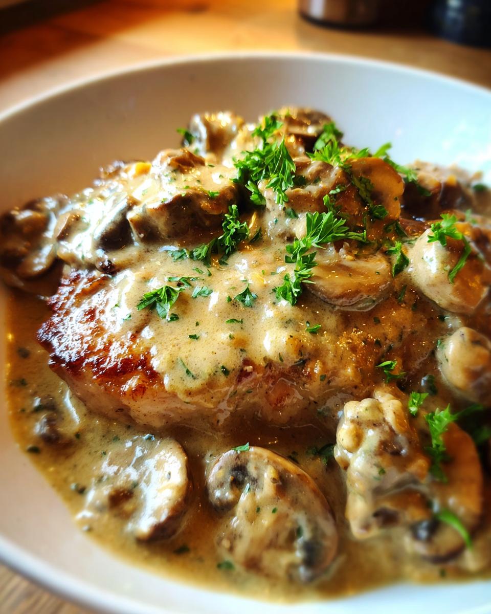 Close-up of creamy mushroom pork chop skillet garnished with fresh parsley in a white bowl.