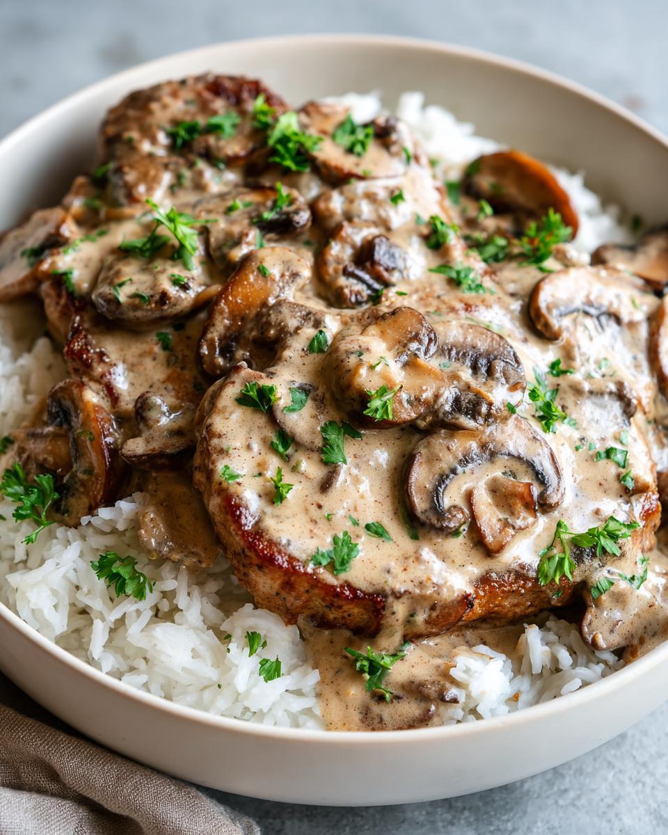 Bowl of creamy mushroom pork chops served over white rice garnished with fresh parsley
