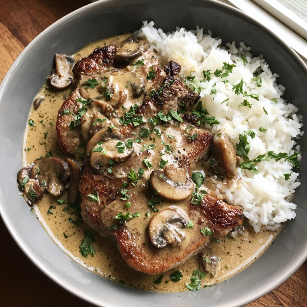 Plate of creamy mushroom pork chops with rice garnished with fresh herbs