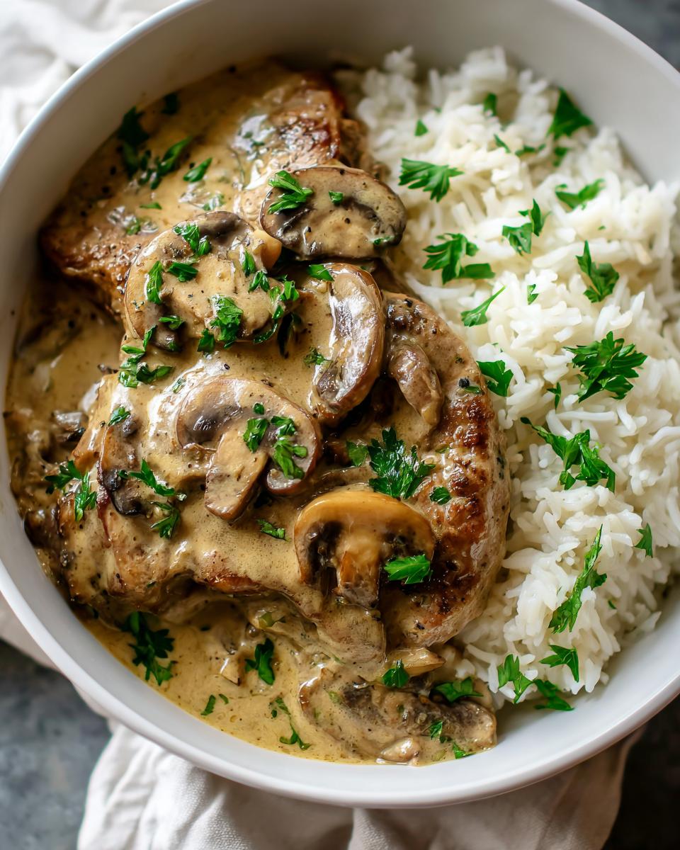 Creamy mushroom pork chops with rice topped with chopped parsley in a white bowl.