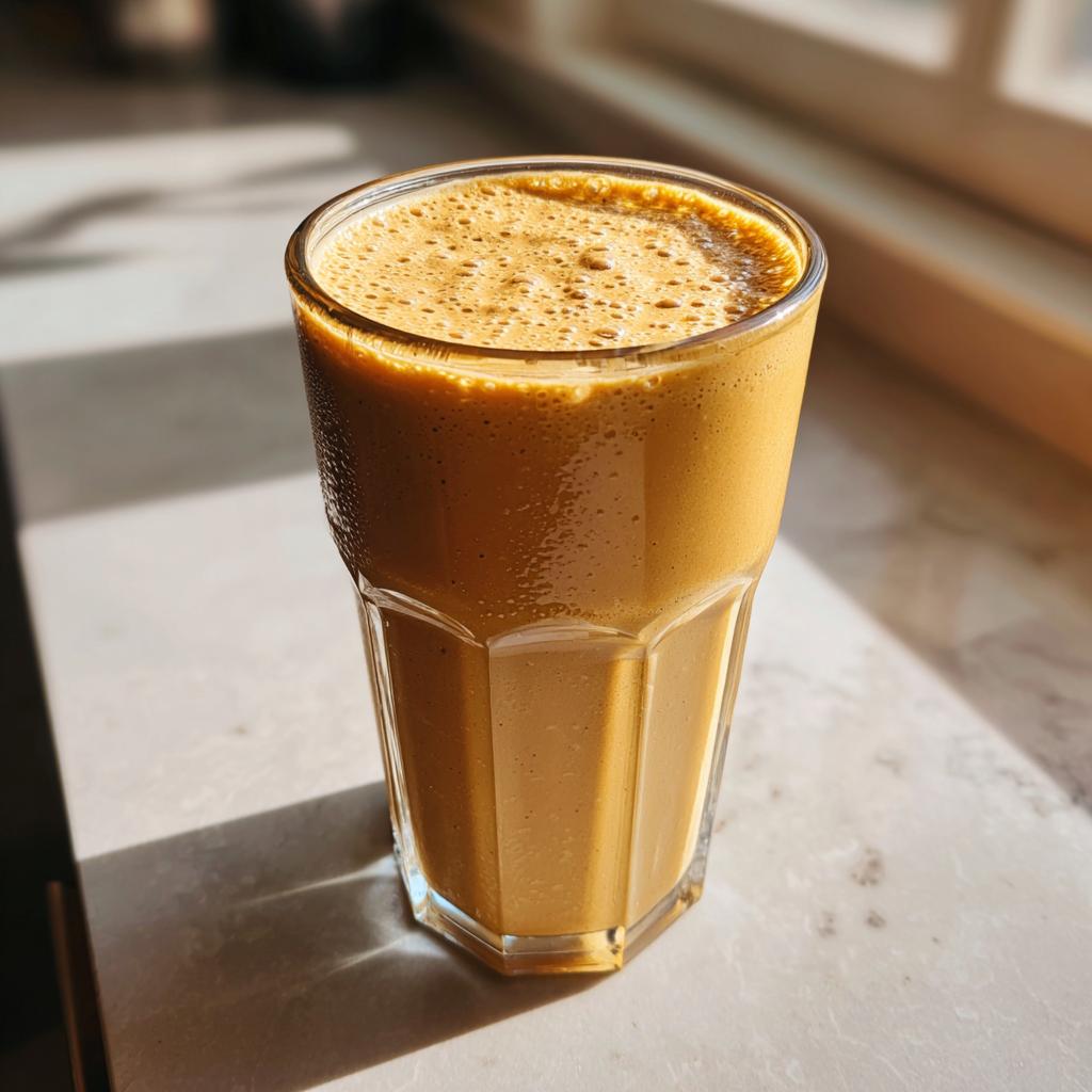 Close-up of a creamy peanut butter banana smoothie in a glass on a marble surface.