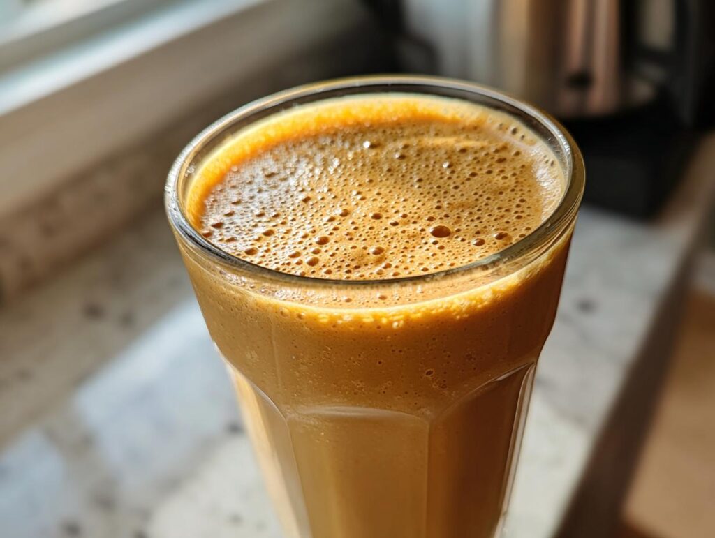Close-up of a creamy peanut butter banana smoothie in a tall glass with frothy top.
