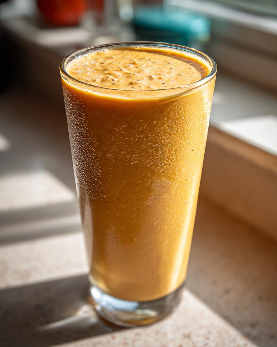 Glass filled with creamy peanut butter banana smoothie on kitchen counter