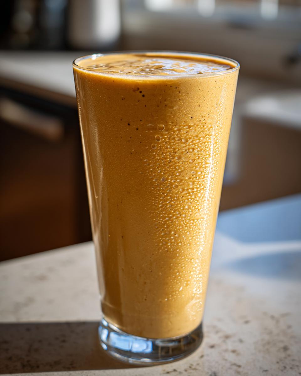 A tall glass filled with creamy peanut butter banana smoothie with bubbles on the surface