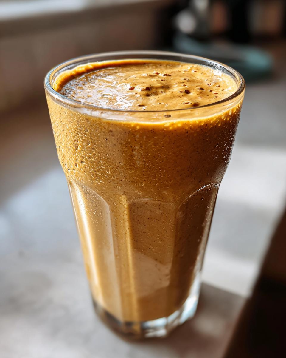 Close-up of a creamy peanut butter banana smoothie in a clear glass with condensation.