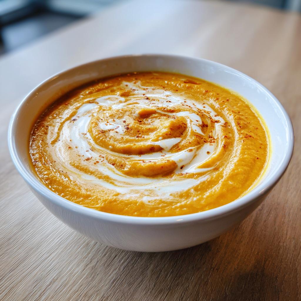 Bowl of creamy potato carrot and leek soup with a swirl of cream on top.