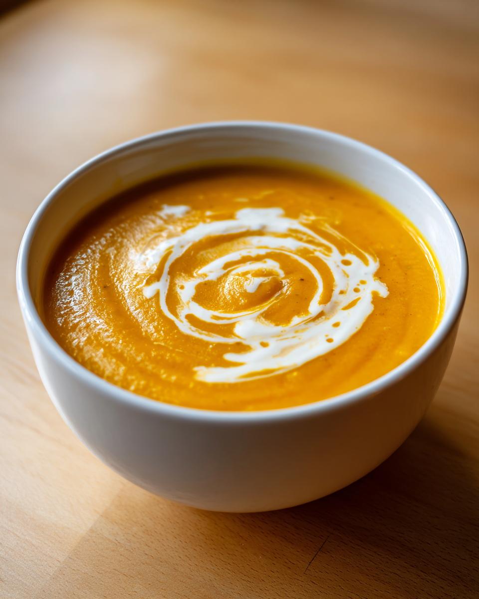 Bowl of creamy potato carrot and leek soup with swirl of cream on top