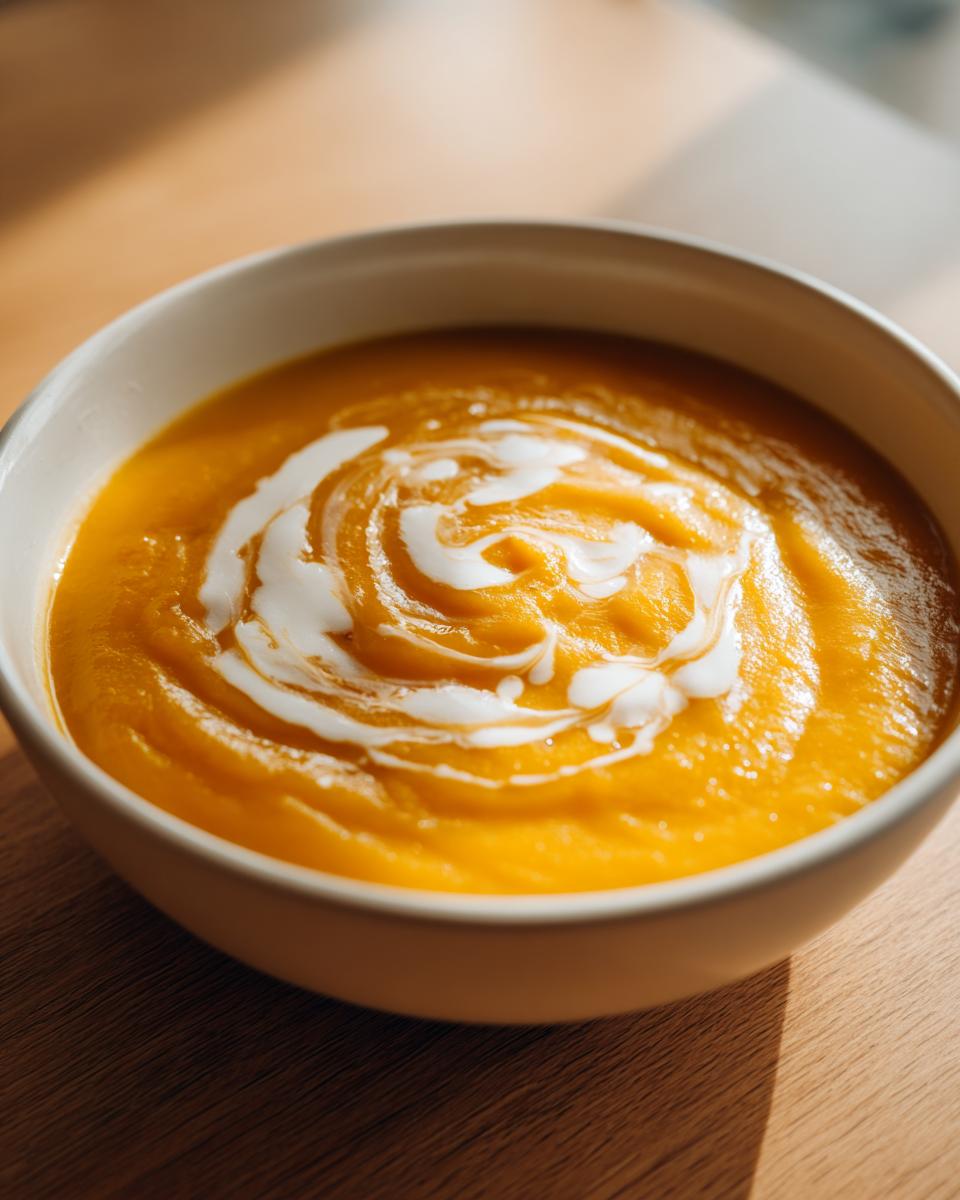 Bowl of creamy potato carrot and leek soup with cream swirl on wooden surface.