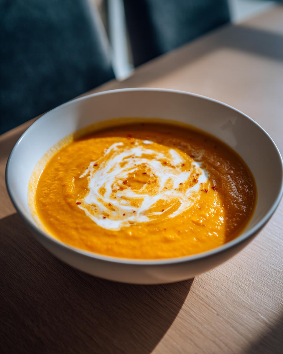 Bowl of creamy potato carrot and leek soup with cream swirl on top on wooden table
