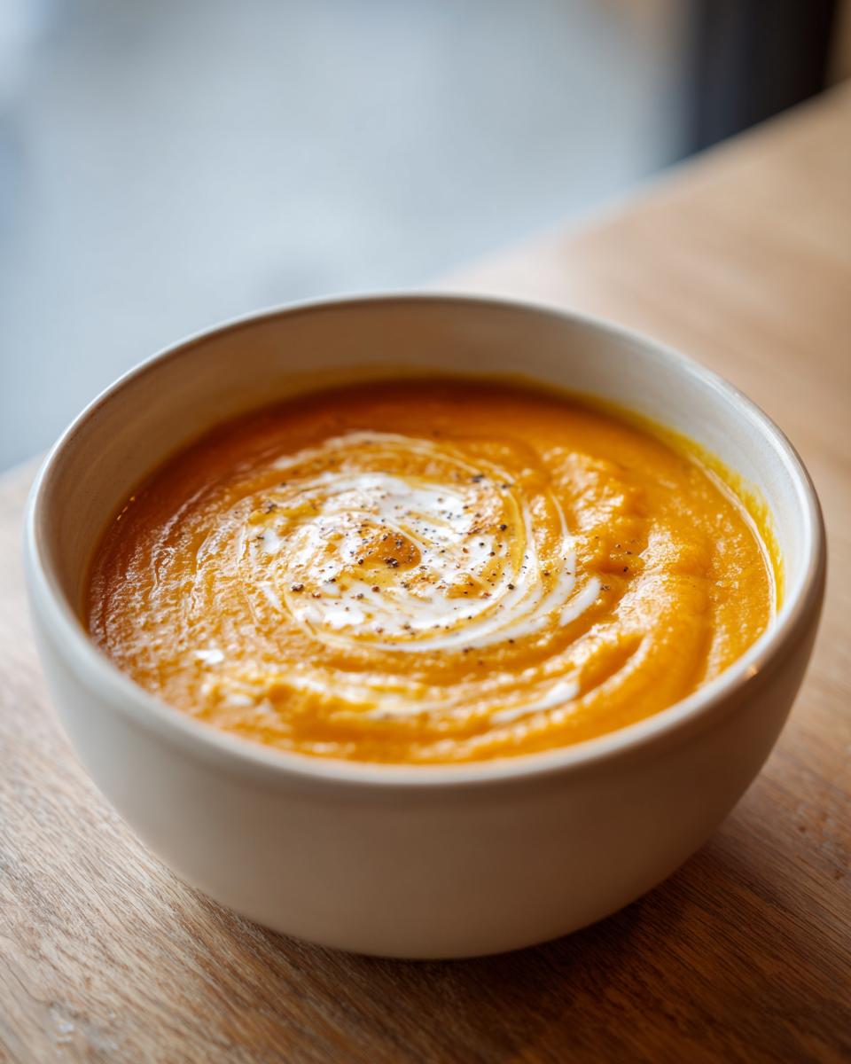 A bowl of creamy potato carrot and leek soup with cream swirl and black pepper on top