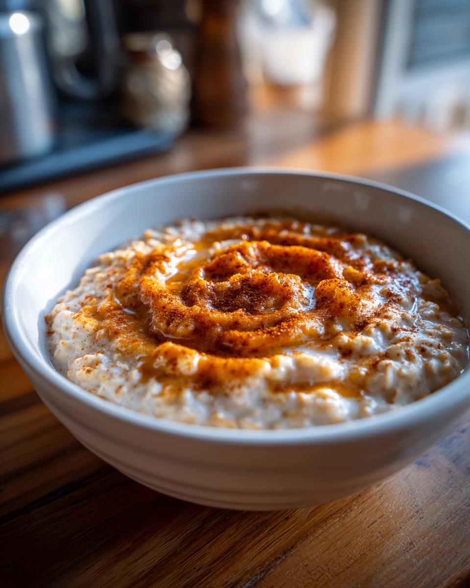 A bowl of creamy pumpkin spice oatmeal with cinnamon swirled on top on a wooden table.