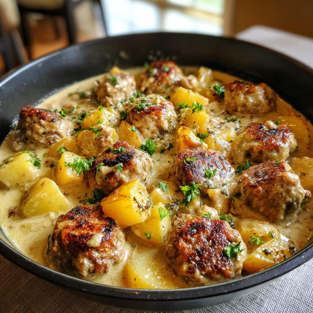 Close-up of creamy sausage and potato skillet dinner with golden-browned sausage and potatoes in sauce