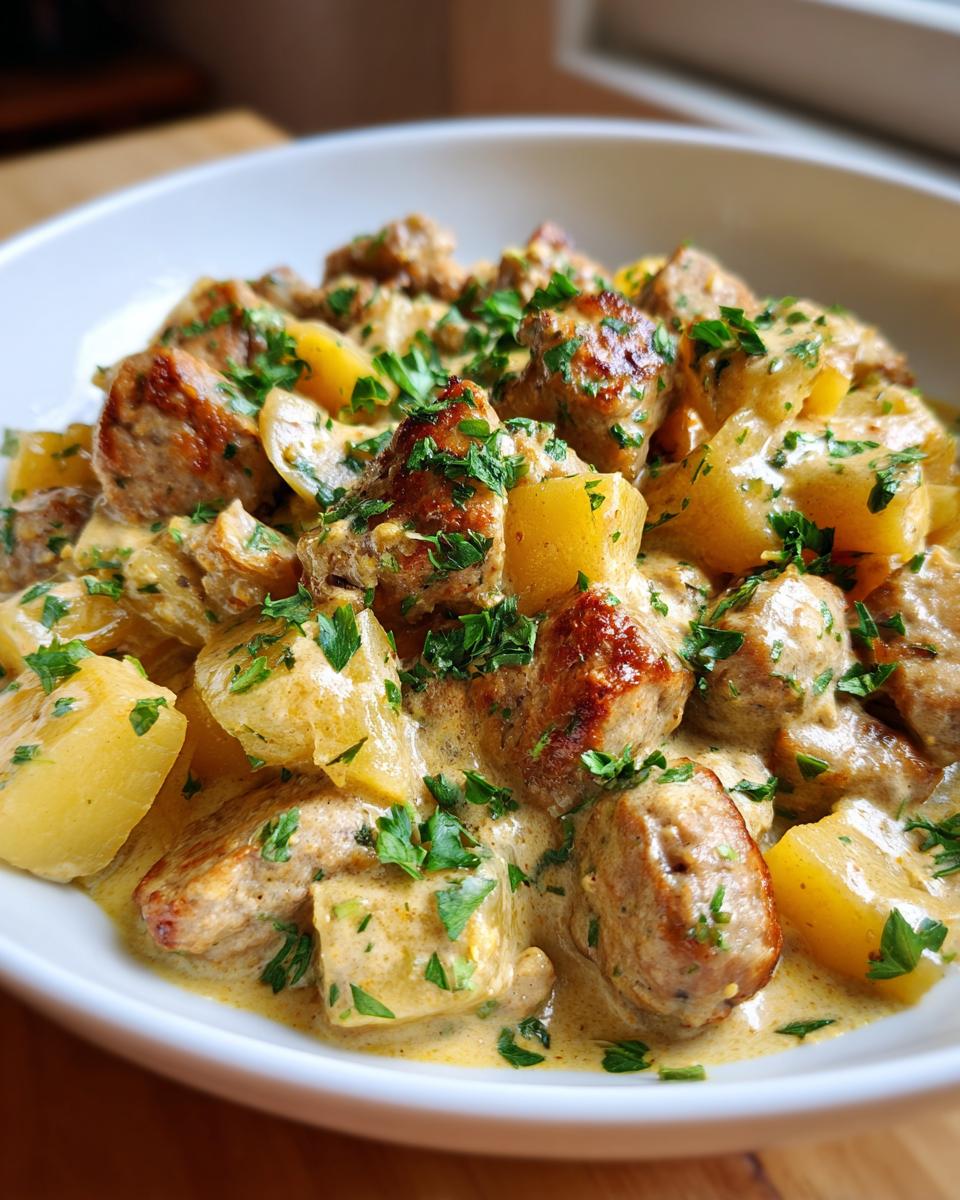 Close-up of creamy sausage and potato skillet dinner garnished with fresh parsley in a white bowl.