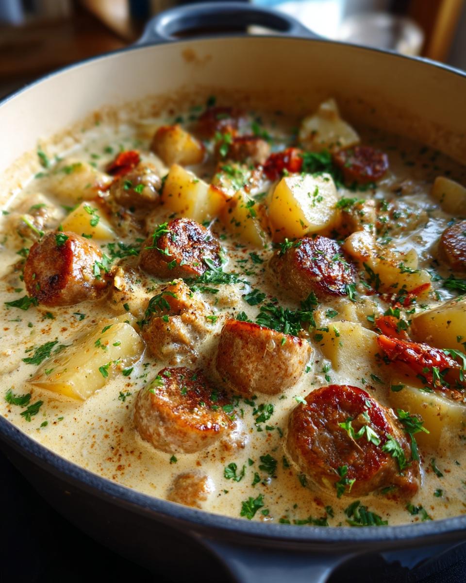 Close-up of creamy sausage and potato skillet dinner with browned sausage and herbs