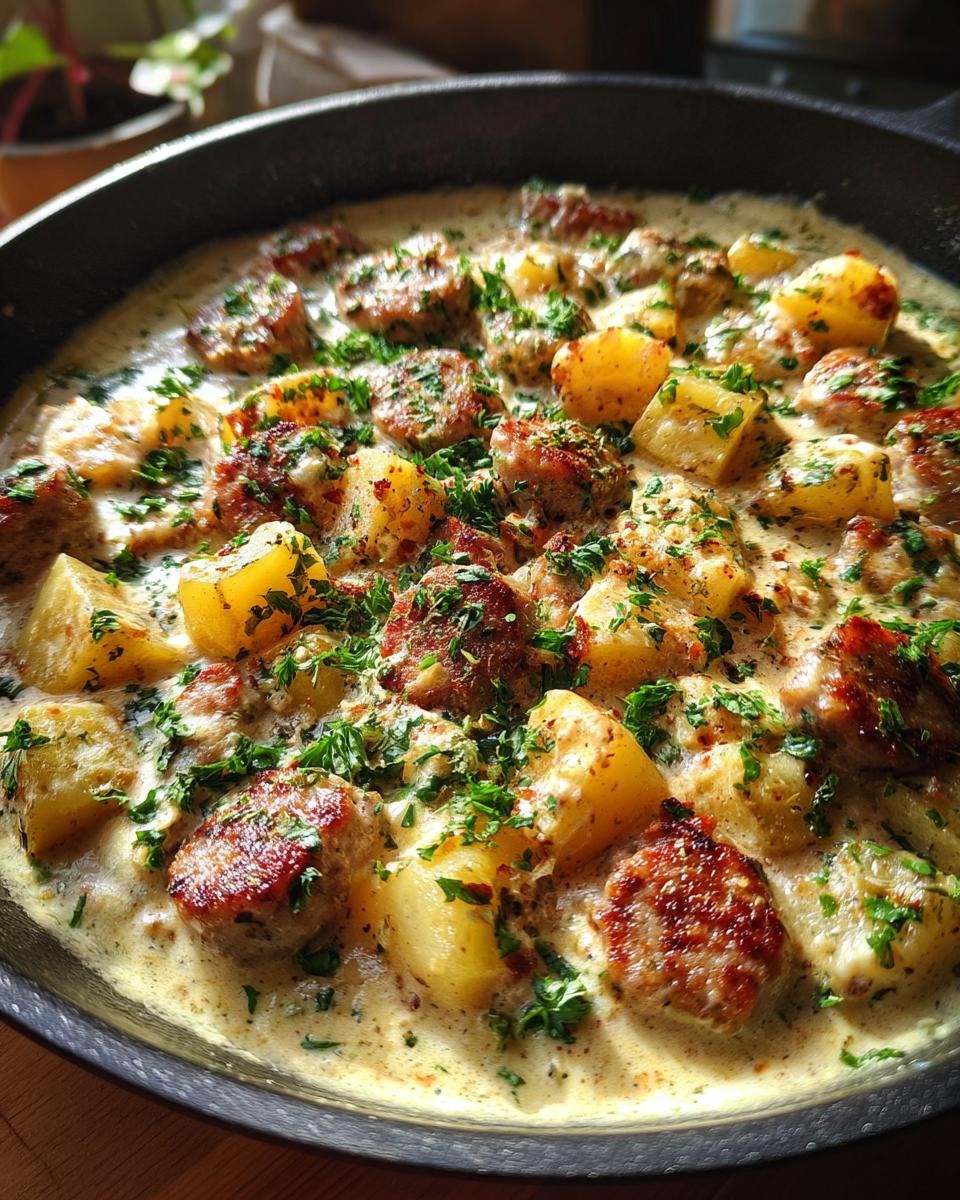 Close-up of creamy sausage and potato skillet dinner garnished with fresh herbs