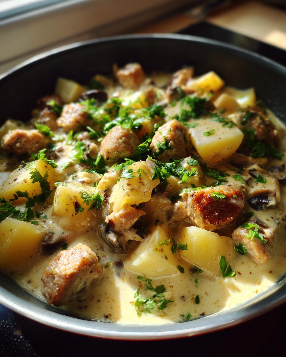 Close-up of creamy sausage and potato skillet dinner garnished with chopped parsley.