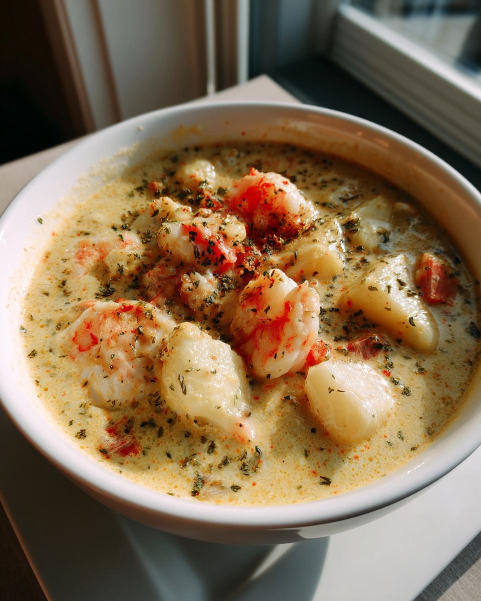 Bowl of creamy seafood chowder with shrimp, cod, and herbs in a white bowl.