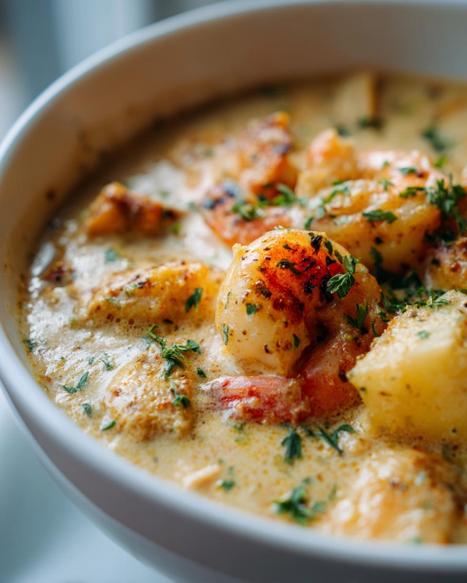 Creamy seafood chowder with shrimp, cod, herbs, and potatoes in a white bowl